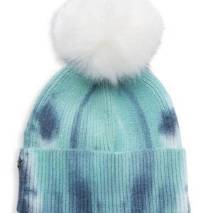 Jocelyn Aqua Tie Dye Fold Over Faux Fur Pom Pom Knit Hat Beanie NWT